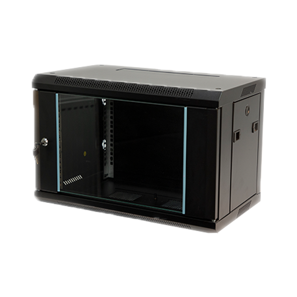 Cabinet 6U-350 Wall Data Cabinet 6 Unit 350mm Deep Black Glass Door Rack